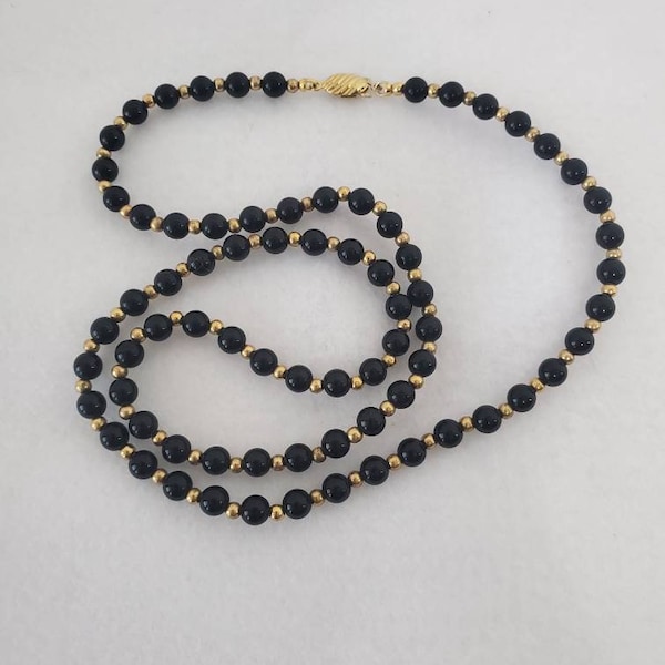 G Silver Black Onyx and Gold Color Beaded Necklace