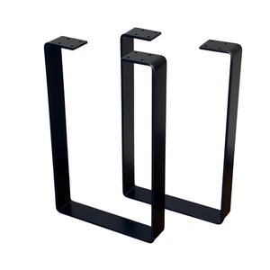 May include: Two black metal table legs in a U-shape design. Each leg has a flat mounting plate with pre-drilled holes for easy attachment. The legs are made of sturdy metal and are suitable for various table projects.
