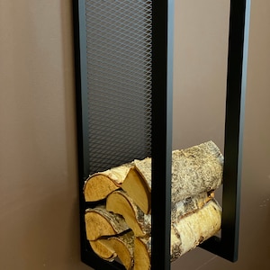 Sleek Wall-Hanging Firewood Holder with Steel Mesh Protector – Modern Metal Log Rack, Sturdy Steel Wood Storage Solution