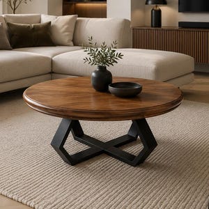 Può includere: Un tavolino rotondo in legno con un piano circolare marrone liscio e una base geometrica in metallo nero. Il tavolo presenta una finitura con venature del legno scuro sulla superficie e una struttura robusta e incrociata che sostiene il piano.