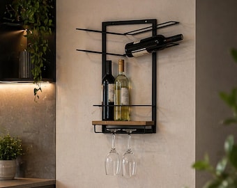 Wall Mounted Wine Holder, Metal Wine Rack for Bottles & Glasses