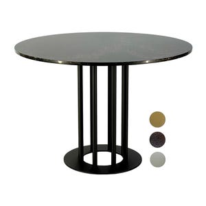 May include: A round dining table with a dark, patterned tabletop and black metal legs. The table has a diameter of approximately 48 inches. The base features a circular design with vertical supports, and three color swatches are shown.