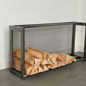 ELEGANT FLAT FIREWOOD rack with steel mesh/ Horizontal firewood rack/ Floor firewood rack