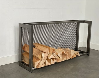 ELEGANT FLAT FIREWOOD rack with steel mesh/ Horizontal firewood rack/ Floor firewood rack