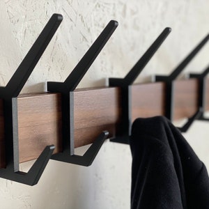 Wooden COAT & HAT rack, Wooden rack with removable hooks, Stylish walnut wood rack with sliding hooks, Entryway coat hooks/ WALNUT
