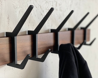 Wooden COAT & HAT rack, Wooden rack with removable hooks, Stylish walnut wood rack with sliding hooks, Entryway coat hooks/ WALNUT