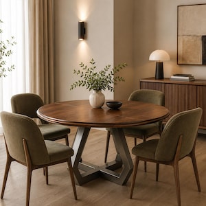Peut inclure: Une table à manger ronde en bois foncé, soutenue par un piètement géométrique gris, entourée de quatre chaises rembourrées vert olive. Un vase avec de la verdure est posé sur la table, avec un buffet décoratif et une œuvre d'art en arrière-plan.