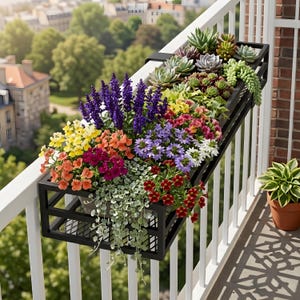 Peut inclure: Une jardinière rectangulaire en métal noir fixée sur une rambarde blanche, remplie de fleurs colorées dont des salvias violets, des mufliers jaunes et orange, des fleurs rouges et blanches, ainsi que des plantes succulentes et du feuillage vert.