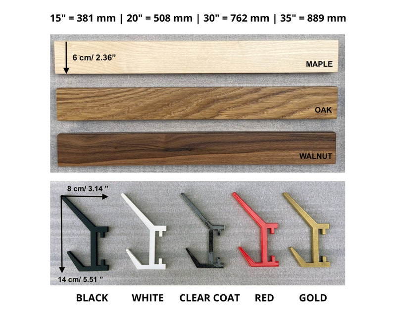 May include: Three wooden wall mounted shelves in maple, oak, and walnut wood.  The shelves are 6 inches long.  Below the shelves are five hooks in black, white, clear coat, red, and gold.  The hooks are 8 cm long and 14 cm wide.