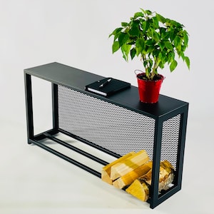 ELEGANT FLAT FIREWOOD rack with steel mesh and steel plate on top/ Horizontal firewood rack/ Floor firewood rack