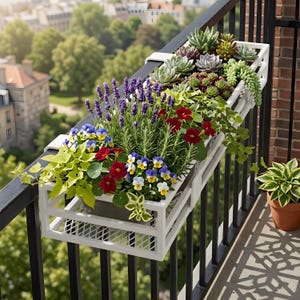 Könnte beinhalten: Ein weißer, rechteckiger Blumenkasten aus Metall, der an einem schwarzen Balkongeländer befestigt ist und mit verschiedenen Pflanzen wie violettem Lavendel, roten Kapuzinerkressen, blau-gelben Stiefmütterchen und Sukkulenten gefüllt ist.