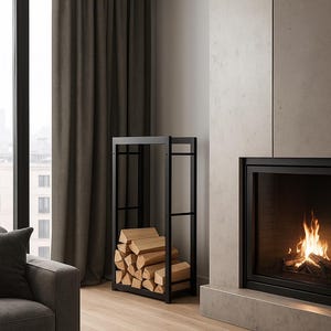 Op de afbeelding: Een moderne woonkamer met een zwarte metalen houthouder gevuld met opgestapeld brandhout. Rechts is een open haard met een brandend vuur. De kamer heeft neutrale tinten, met donkergrijze gordijnen en een grijze bank.