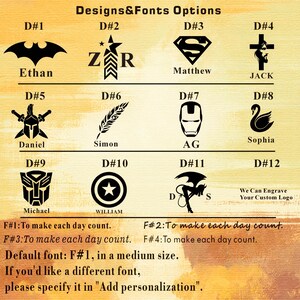 May include: A graphic showcasing design and font options for custom engraving. Includes various symbols like a bat, star, Superman logo, cross, and others, along with names. Text details font sizes and personalization instructions.