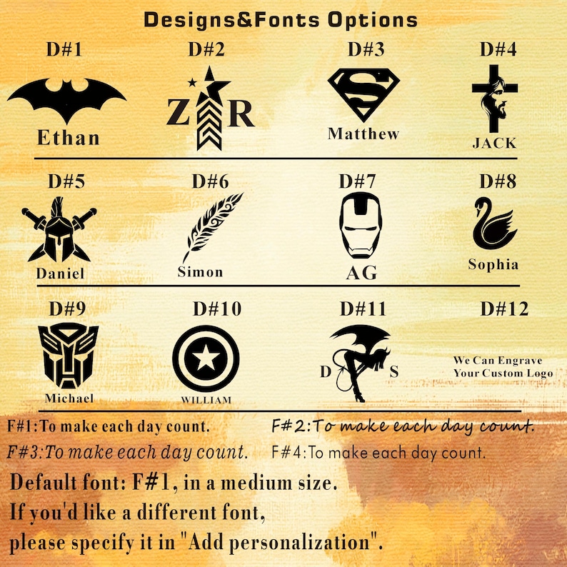 May include: A graphic showcasing design and font options for custom engraving. Includes various symbols like a bat, star, Superman logo, cross, and others, along with names. Text details font sizes and personalization instructions.