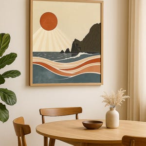 Moderne Küstenwandkunst – Retro Sonne & Meer Druckbares Poster | Abstrakte Meereslandschaft | Digitaler Download