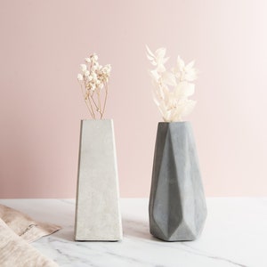 Puede incluir: Dos jarrones de hormigón, uno gris y otro blanco, con flores secas. Los jarrones son de forma geométrica y tienen un diseño moderno.