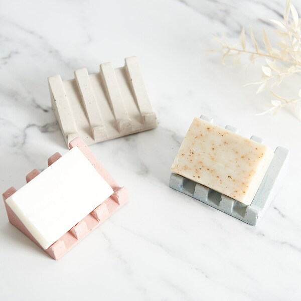 Draining geometric concrete soap dish, available in multiple concrete colours