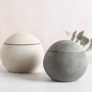 Puede incluir: Dos contenedores redondos de hormigón con tapas. El contenedor de la izquierda es blanco y el contenedor de la derecha es gris.