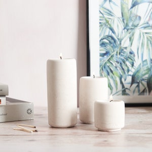 Trio of concrete Tea Light Pillar Holders, available in multiple colours and as a set of 3 or to order individually