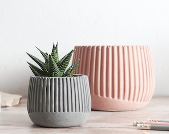 Striped Concrete Plant Pots, indoor concrete planter with drain hole option, two sizes and multiple concrete colours available