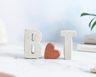 Custom Concrete Initial Gift Set, includes two 3d letters and a cute mini 3d heart (Raw Letters Copper Heart)