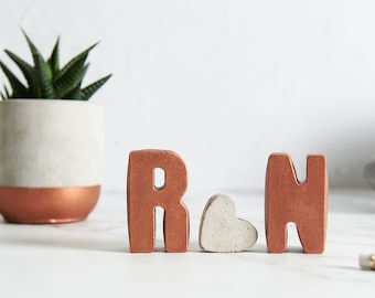 Couple initials gift set, Concrete 3d letter set, Copper anniversary gift set, two concrete letters and a mini 3d heart