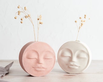 Boho face vase, handmade concrete Luna Face vase perfect for dried or faux flowers, several colours available