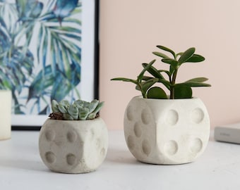 Dice Shaped Concrete Plant Pot, 3d dice shaped indoor concrete planter. New home present