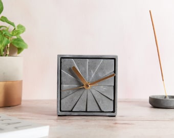 Handmade Square Geometric Concrete Clock: Modern Minimal Design with Gold Hands, non tick clock