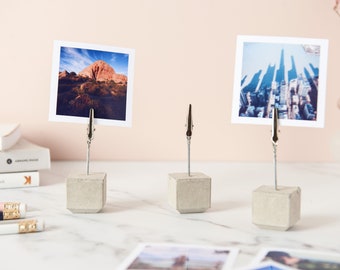 Handmade Concrete Cube Photo Clip Holder: Modern Desk Decor