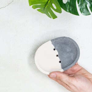 Two tone oval concrete soap dish, multiple colours available and with drain holes, perfect for the bathroom White & Dark Grey