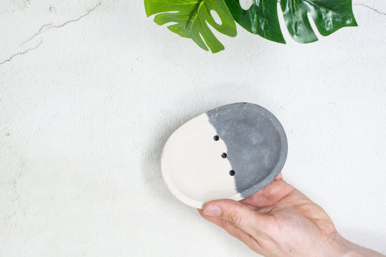 Two tone oval concrete soap dish, multiple colours available and with drain holes, perfect for the bathroom White & Dark Grey