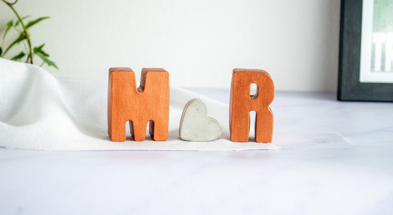 Couple initials gift set, Concrete 3d letter set, Copper anniversary gift set, two concrete letters and a mini 3d heart image 5