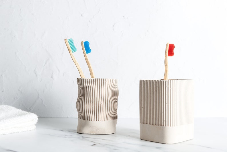 Minimal concrete toothbrush holder, two styles and multiple concrete colours available. Perfect minimal bathroom decor image 1