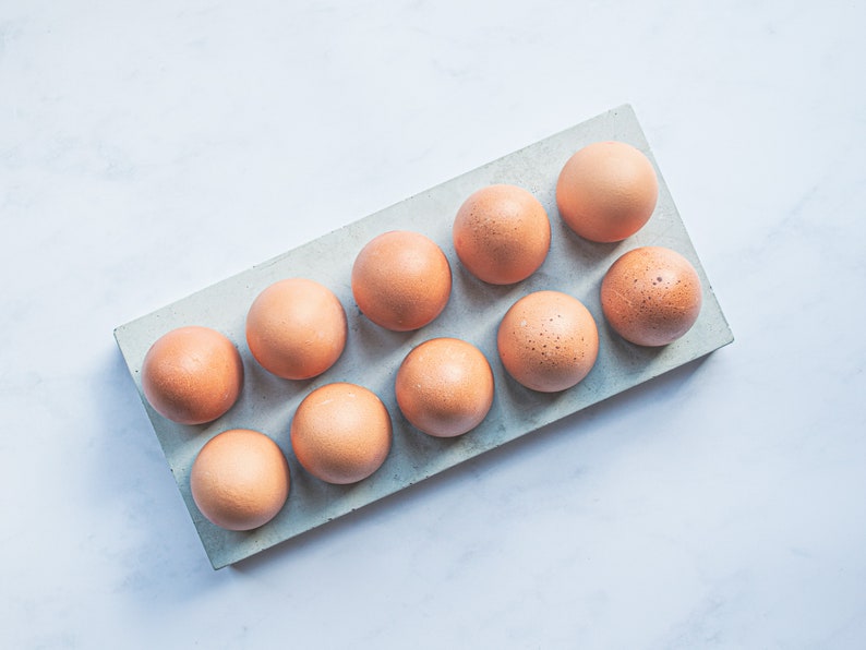 Puede incluir: Un porta huevos de hormig&oacute;n gris con diez huevos marrones dentro.