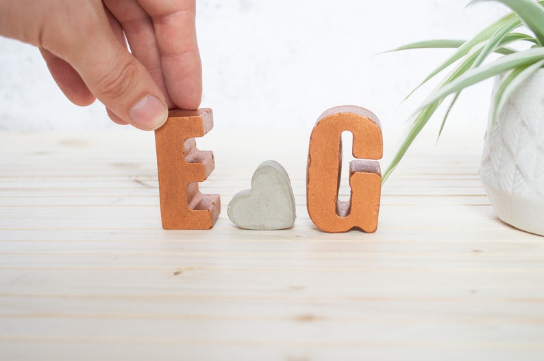 Couple initials gift set, Concrete 3d letter set, Copper anniversary gift set, two concrete letters and a mini 3d heart image 7