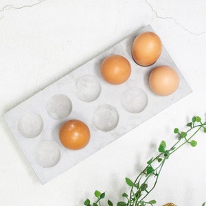 Puede incluir: Un porta huevos de hormig&oacute;n blanco con seis compartimentos, cuatro de los cuales contienen huevos marrones. El porta huevos est&aacute; sobre una superficie blanca con una vid verde.