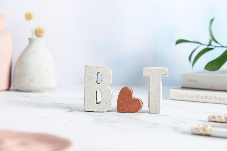 Custom Concrete Initial Gift Set, includes two 3d letters and a cute mini 3d heart Raw Letters Copper Heart image 1
