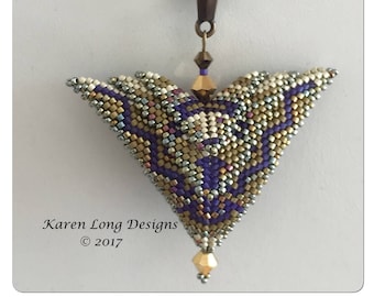 May include: A purple, gold, and white beaded pendant with a geometric design. The pendant is attached to a bronze chain. The pendant is labeled "Karen Long Designs © 2017".