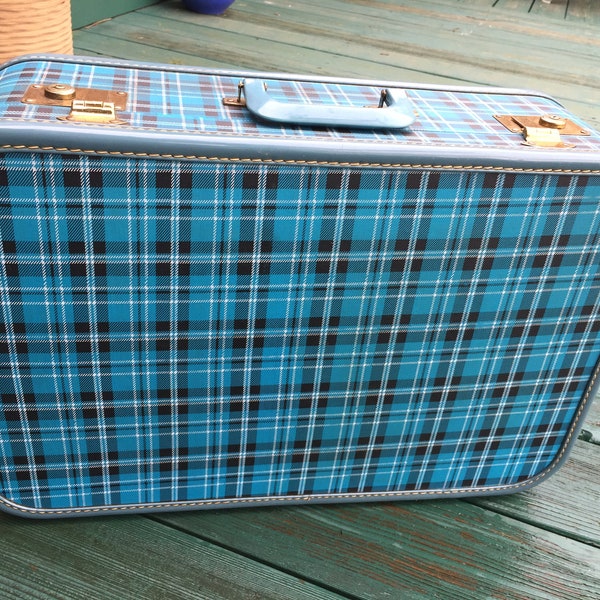 Vintage Blue Plaid Antique Trunk Suitcase