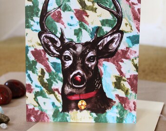 Festive Deer - Christmas Card - Stag Design, Art Illustration Festive Card