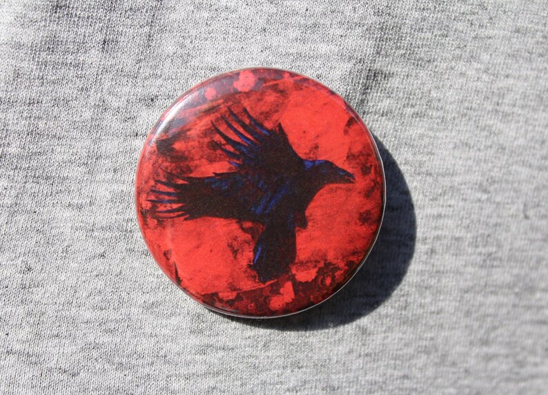 Gothic Crow Design Horror Illustration Flying Bird Raven Button Pin Badge 38 mm Dark Art