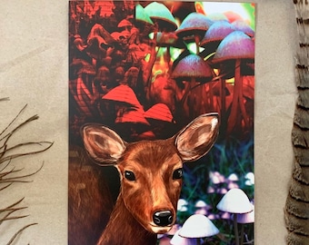 Wild Deer and Mushrooms - Illustration Art Print-  Fungi Surreal Animal Art Print