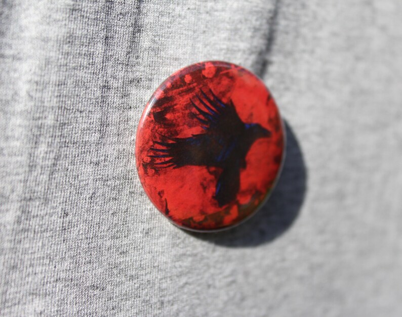 Gothic Crow Design Horror Illustration Flying Bird Raven Button Pin Badge 38 mm Dark Art