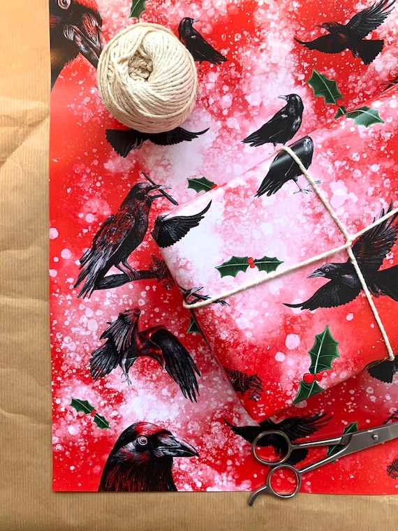 Crow Christmas Wrapping Paper - Raven Gift Wrap, Crow Craft Paper, Bird Christmas Paper, Festive Wrapping Paper