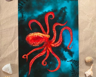 Octopus Under the Sea - Illustration Art Print- Horror, Gothic, Dark Art, Sea Creature Wall Art, Home Decor, Sealife