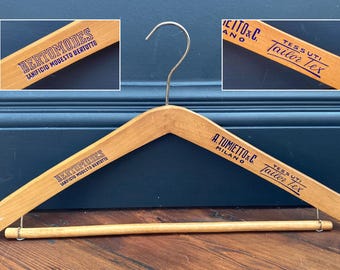 Vintage Branded Wooden Coat Hanger: Retro Hotel & Tailor