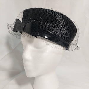 Vintage Black Straw Pillbox Hat with Patent Leather Band