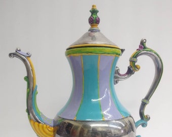 Whimsical Painted Silver Plate Coffee Pot