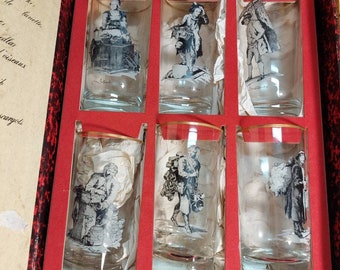 Vintage Glass Set, 18th Century Street Peddlers, Edelglas Wein, Original Box
